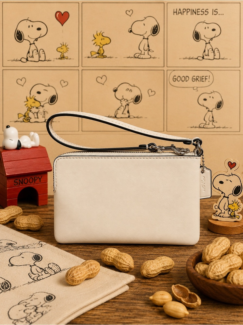Coach x Peanuts Snoopy Corner Zip Wristlet Chalk White Leather EUC - Picture 2 of 6